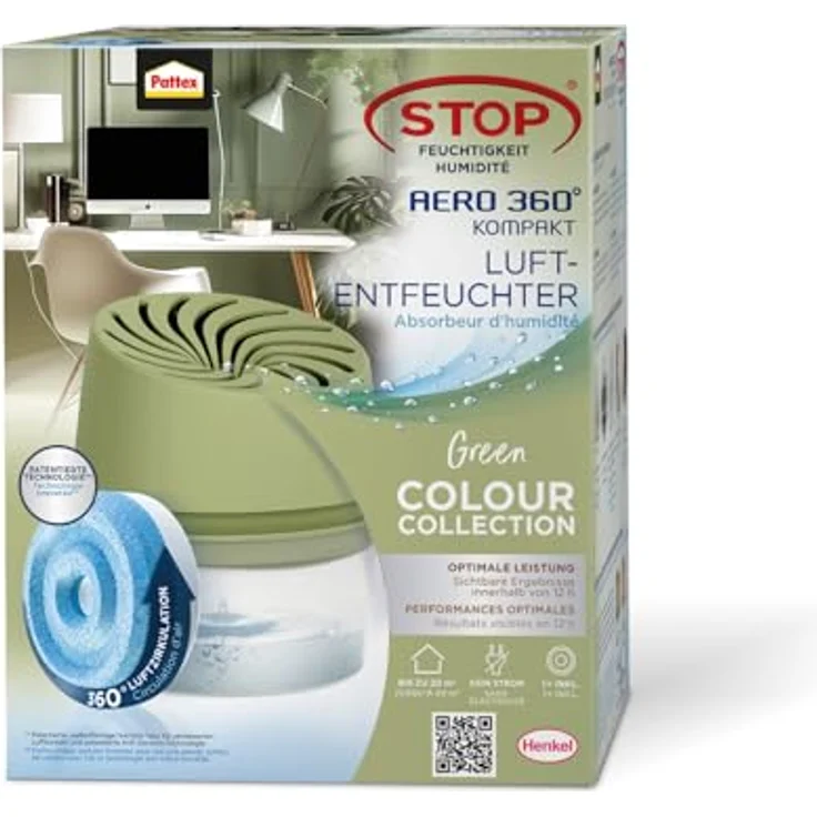 Pattex AERO 360° Kompakt Luftentfeuchter Green Colour Collection, effektiver 360°-Lufttunnel, beugt Schimmel vor, inkl. 1 Nachfülltab für Räume bis 20m² – Bild 1
