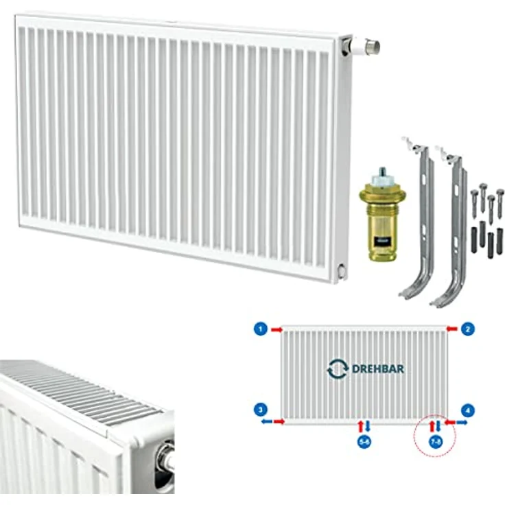 Belrad Typ 22 Universalheizkörper Ventilheizkörper Mittelanschluss, 8 Anschlüsse, 700 x 500 (HxB)-980w, RAL9016 (reinweiß) – Bild 1