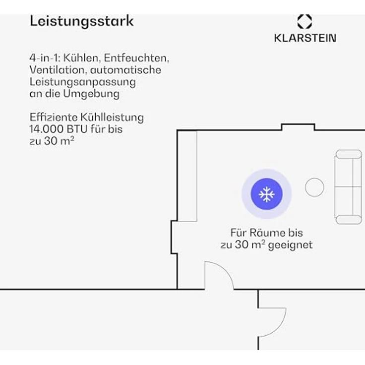 Klarstein AireLux Mobile Klimaanlage 14.000 BTU, 4-in-1 Kühlung, Entfeuchter, Ventilator & Schlafmodus, App & Sprachsteuerung, für Räume bis 51 m², leise, Fenster-Kit inklusive, Grau – Bild 3