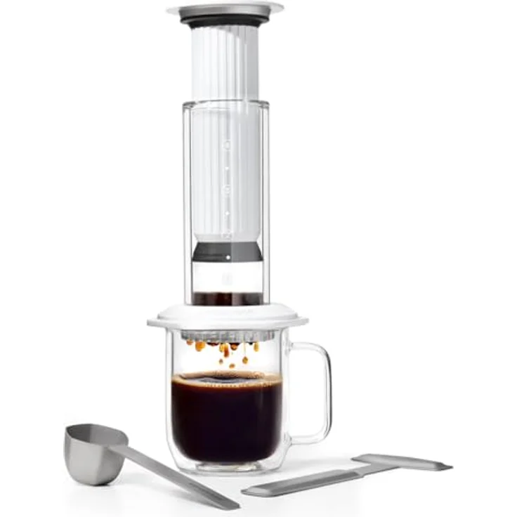AeroPress Premium Kaffeepresse, 3-in-1 French Press aus Borosilikatglas, Edelstahl & Aluminium, weiß, für geschmackvolle Tassen in 2 Minuten – Bild 1