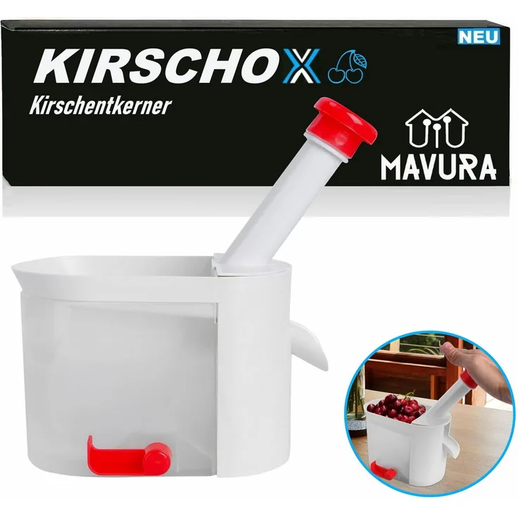 MAVURA KIRSCHOX Kirschentkerner, Entsteiner mit Kernkassette und Spritzschutz, weiß