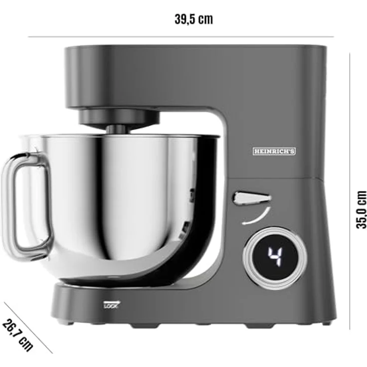Heinrichs Küchenmaschine 2500W, Knetmaschine mit XXL 8L Edelstahlschüssel, Doppel-Knethaken, Rührhaken, Schneebesen, 8 Geschwindigkeiten, geräuscharm, Titan – Bild 2