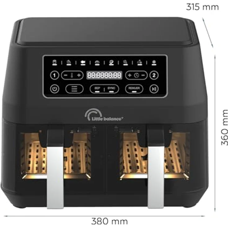 LITTLE BALANCE 8765 Crousty Light Duo, Fritteuse ohne Öl, Air Fryer, 2 Schubladen, Antihaft, PFAS-frei, 8 voreingestellte Programme, 7,6 Liter für bis zu 6 Personen, 2460 W, Schwarz – Bild 2