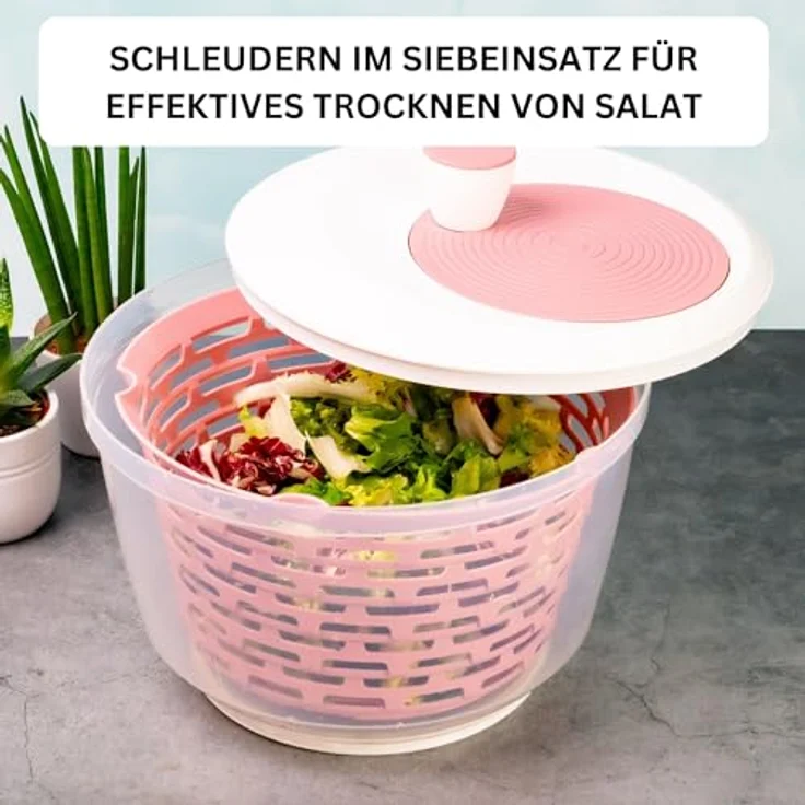 Westmark Salatschleuder Spinderella, 4,4 Liter, ø 23,5 cm, BPA-frei, Transparent/Weiß/Rosa – Bild 3