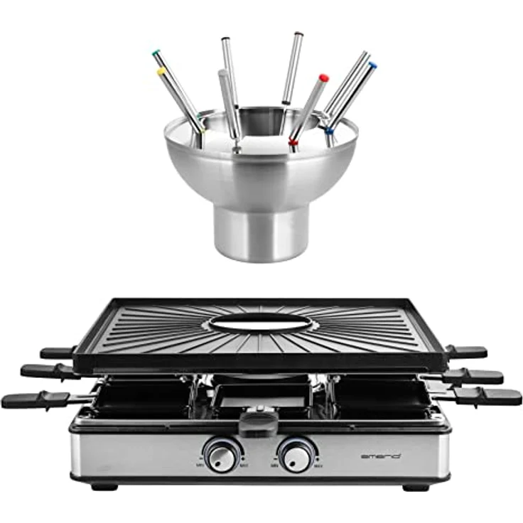 EMERIO 3in1 Raclette Station für bis zu 8 Personen, Grill Fondue, elektrisch, Temperaturregulierung, Bratfläche 38x37cm, Beleuchtung, 2200 Watt, platzsparend, Edelstahl, BPA frei, RG-128187, Schwarz – Bild 3