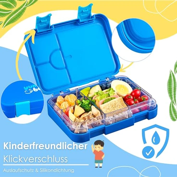 ecosa yummybuddy Snackbox Brotdose für Kinder, mit 4 Fächern und 2er Trenneinsatz, Auslaufsicher, BPA-frei, Blau – Bild 2