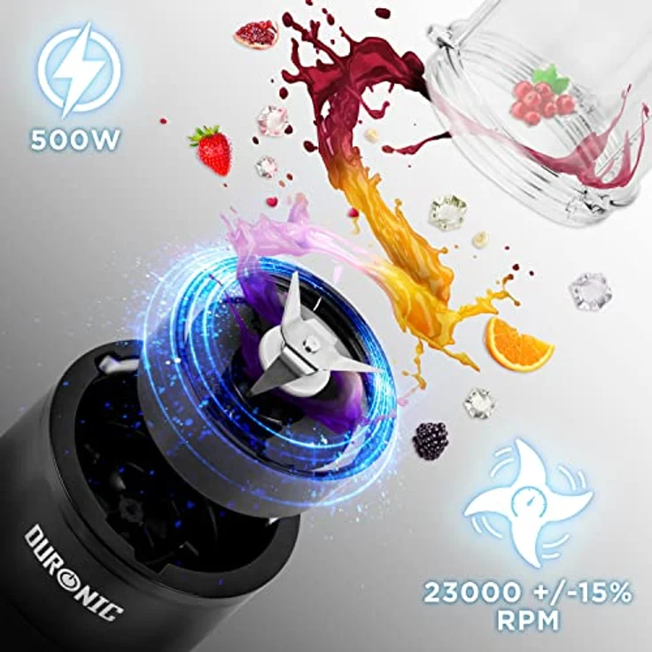 Duronic BL510 Mini-Standmixer | Mini Smoothie Maker | Standmixer 23.000 U/min | 500 W Elektrischer Blender | Shake Mixer mit 570 ml Trinkflasche to go (BPA-frei) | Obst Gemüse Frucht Saft Entsafter – Bild 3