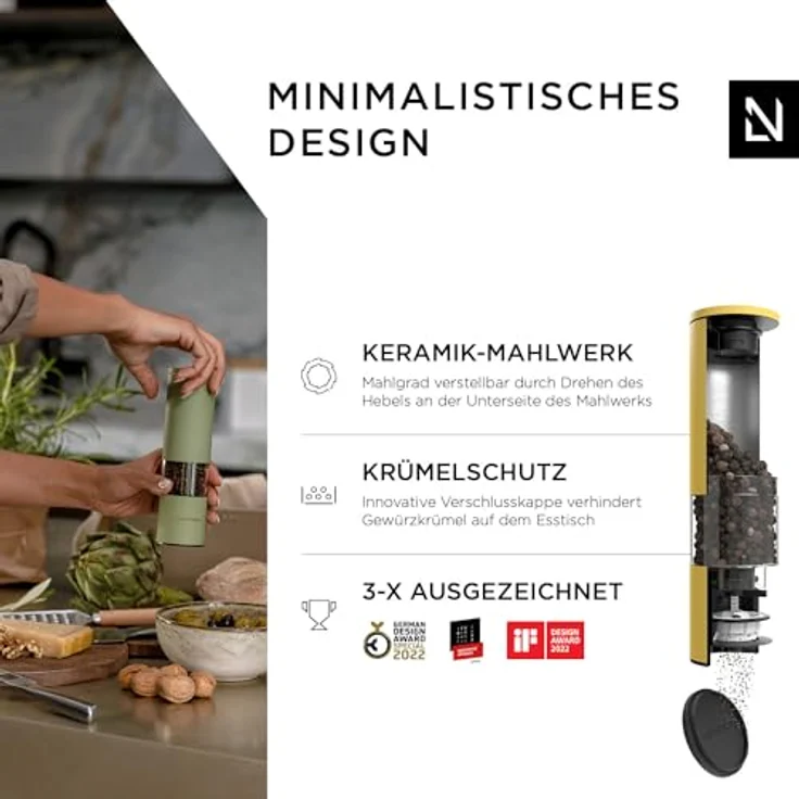 LARS NYSØM Salz und Pfeffer Mühle 2er Set Manuell mit einstellbarem Keramik-Mahlwerk von grob bis fein I Design Gewürzmühlenset (2 Stück) (Spicy Mustard) – Bild 2
