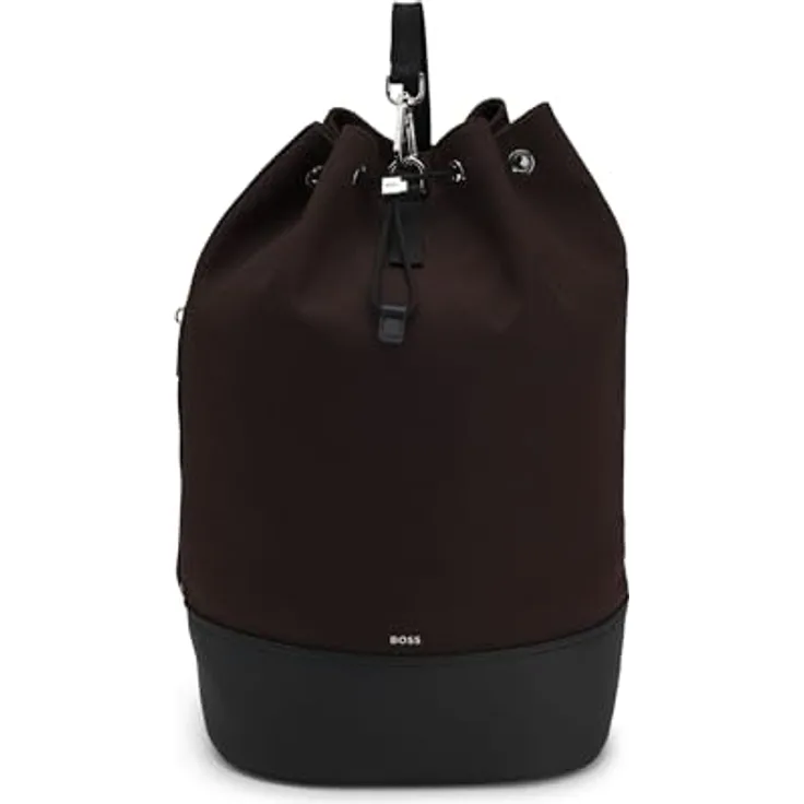 BOSS Dakkar Drawstring Canvas-Beuteltasche, Dunkelbraun mit Leder-Optik, 28x23x47 cm, Innentasche mit Reißverschluss