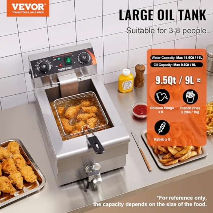 VEVOR 1500 W Kommerzielle Fritteuse, 9 L Edelstahl mit Temperatur- und Zeitkontrolle, Überhitzungsschutz für Küche, Restaurant, Café, Bar – Bild 2