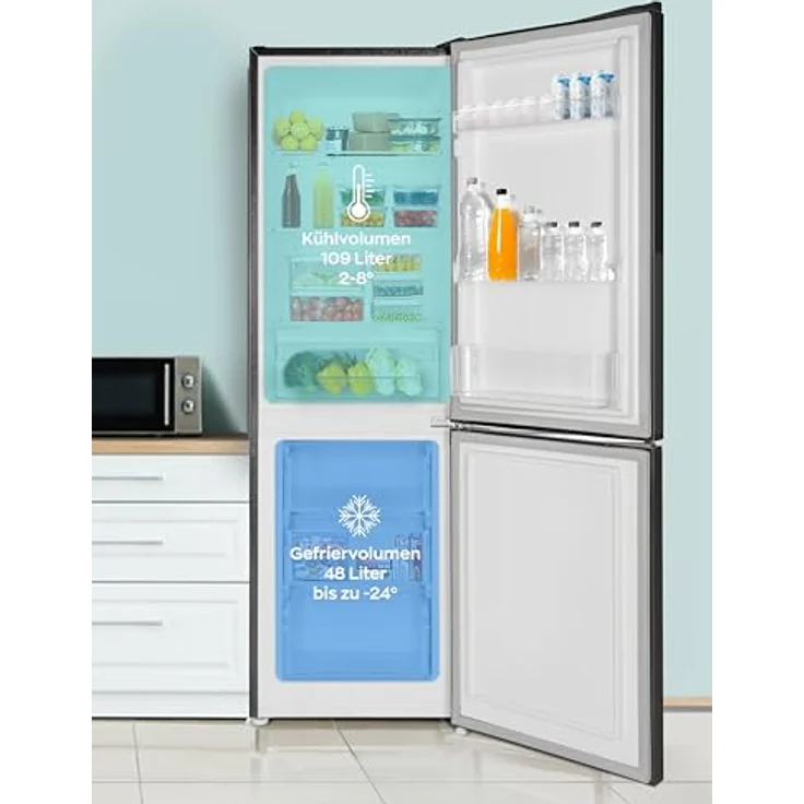 Heinrich´s HKS 3191, Kühlgefrierkombination mit 157 L Gesamtvolumen, 109 L Kühlvolumen, 48 L Gefriervolumen, LED Beleuchtung, Türanschlag wechselbar, leise 39 dB, schwarz – Bild 4