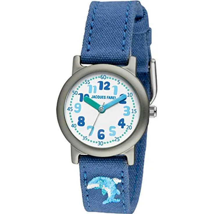 JACQUES FAREL Öko Kinderuhr Mädchen Armbanduhr aus Bio-Baumwolle Blau Delfin Analog Quarz - 3 bar Wasserdichtigkeit