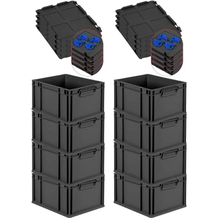 PROREGAL Eurobox NextGen Grip SuperSparSet 8x, 20L, Schwarz, mit Auflagedeckel und 4 blauen Schiebeschnappverschlüssen, HxBxT 22x30x40cm, stapelbar, robust und recyclingfähig