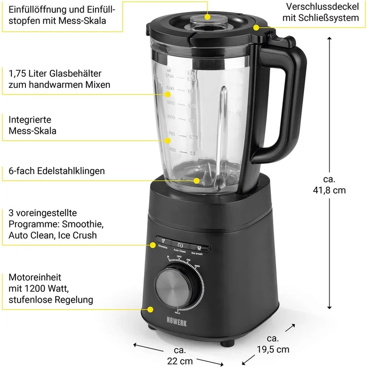 N8WERK Standmixer in der Midnight Edition, 1,75L Glasbehälter, Auto-Clean-Funktion – Bild 3