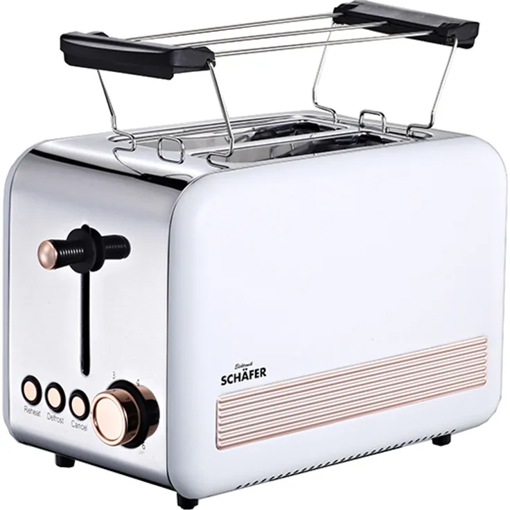 Schäfer 2 Scheiben-Toaster aus Edelstahl 850 Watt, 6 Bräunungsstufen, Scheibenzentrierung, Cool-Touch-Gehäuse, weiß-silber