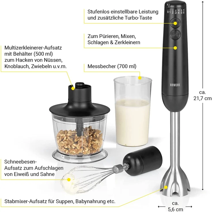N8WERK Stabmixer in der Midnight Black Edition, 1200 Watt, inkl. Zerkleinerer (0,5L), Mixbehälter (0,7L), Schneebesen, mit 3-fach Edelstahlklingen, schwarz – Bild 2