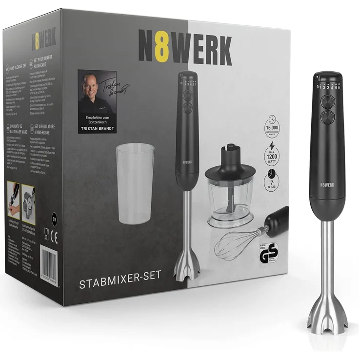 N8WERK Stabmixer in der Midnight Black Edition, 1200 Watt, inkl. Zerkleinerer (0,5L), Mixbehälter (0,7L), Schneebesen, mit 3-fach Edelstahlklingen, schwarz – Bild 7