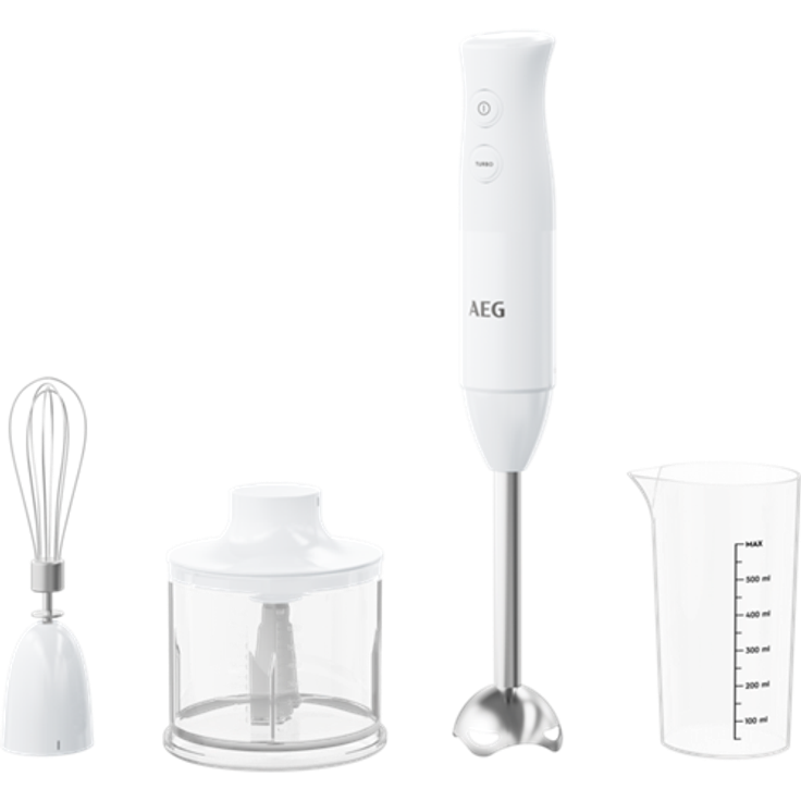 AEG HB4-1-6CW Stabmixer, 600W, 2 Geschwindigkeiten, inkl. 0,6L Zerkleinerer, Schneebesen, 0,6L Smoothie-Becher, weiß