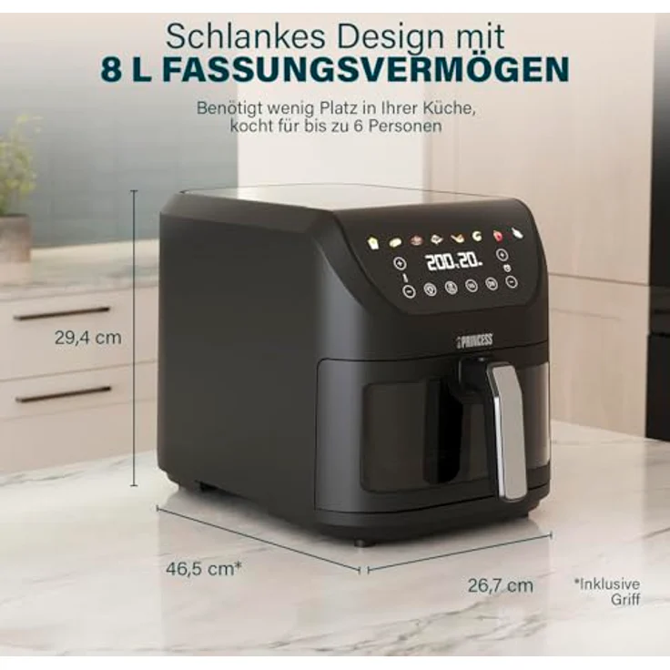 Princess SlimFry Airfryer 182257, 8L Heißluftfritteuse mit 2000W, 8 Programmen, Digitalem Touchscreen, Sichtfenster und Automatischer Abschaltung – Bild 2