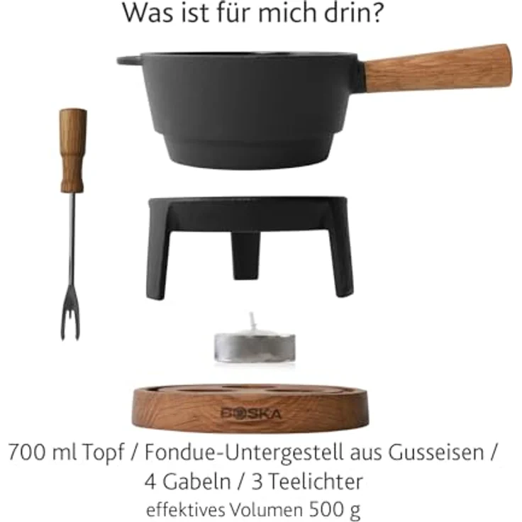 Boska Fondue-Set Pro S, Käsefondue, Fondue, Edelstahl, Gusseisen, Eichenholz, Anthrazit, 700 ml, 853547 – Bild 7