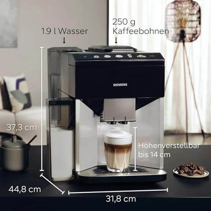 Siemens Kaffeevollautomat EQ500 integral TQ513D01, viele Kaffeespezialitäten, Milchaufschäumer, integrierter Milchbehälter, automatische Dampfreinigung, 1500 W, daylight silber/klavierlack schwarz – Bild 2