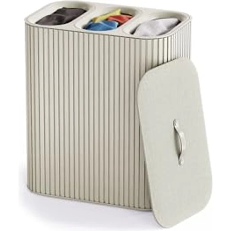 Joseph Joseph Tota Trio Luxe 90L Wäschekorb Ecru, Dreifacher Wäschesammler mit Bambusdeckel und Herausnehmbaren Taschen, 3 Fächer – Bild 1