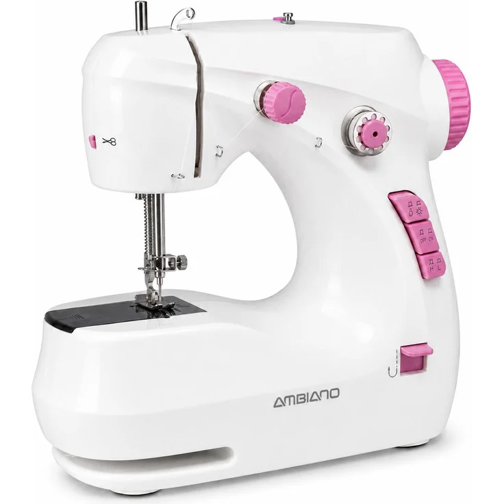 Ambiano Mini-Nähmaschine, kompakte Reisenähmaschine mit Fußpedal & Zubehörset, Netz- & Batteriebetrieb, bis 280 Stiche/Min., pink