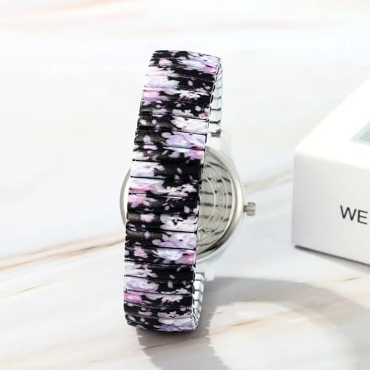 JewelryWe Damenuhr Boho, Violette Blumen Analog Quarz Armbanduhr mit elastischem Edelstahl Stretch-Armband, große Ziffern, lässiger Stil – Bild 3