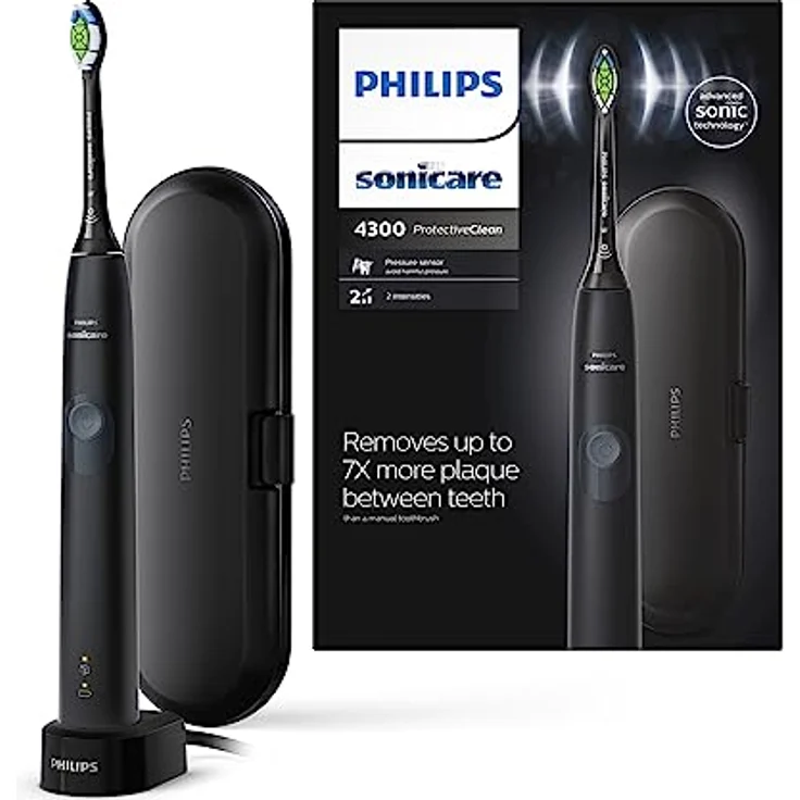 Philips Sonicare ProtectiveClean 4300 elektrische Zahnbürste - Schallzahnbürste mit W2 Optimal White Bürstenkopf, Reiseetui & Ladestation, schwarz (Modell HX6800/87) – Bild 1