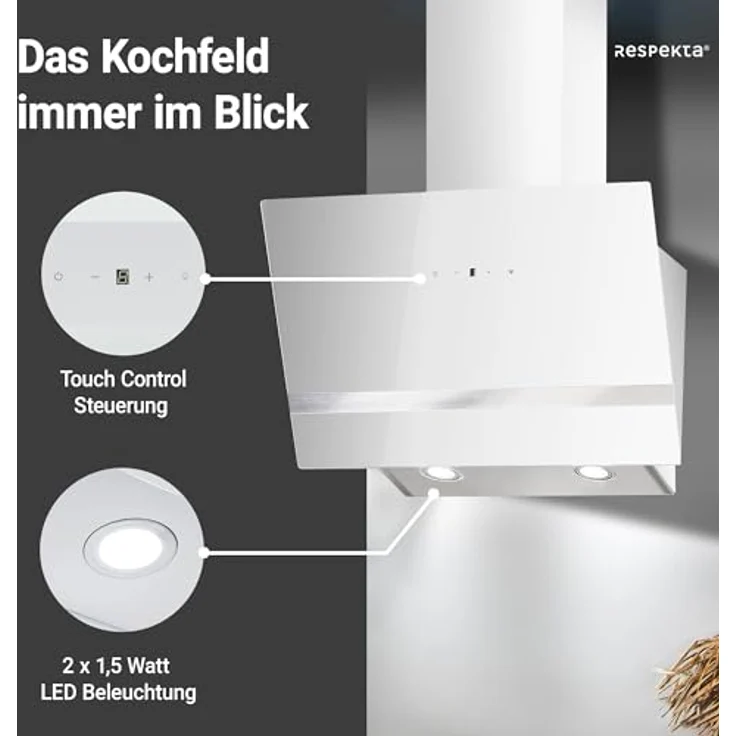 respekta Premium CH 24060 WAM, Motorhaube, Kamin abgewinkelt, Breite: 59.5 cm, Tiefe: 38.5 cm, Absaugung und Rückführung (mit zusätzlichem Rückführungsset), weiß – Bild 4