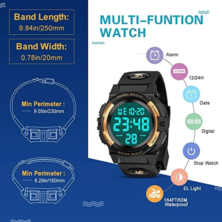 Dislocati Kinder Digitaluhr für Jungs, wasserdichte Sportuhr mit LED-Hintergrundbeleuchtung, Armband 16-23 cm, Geschenkbox für Kinder 3-12 Jahre – Bild 4