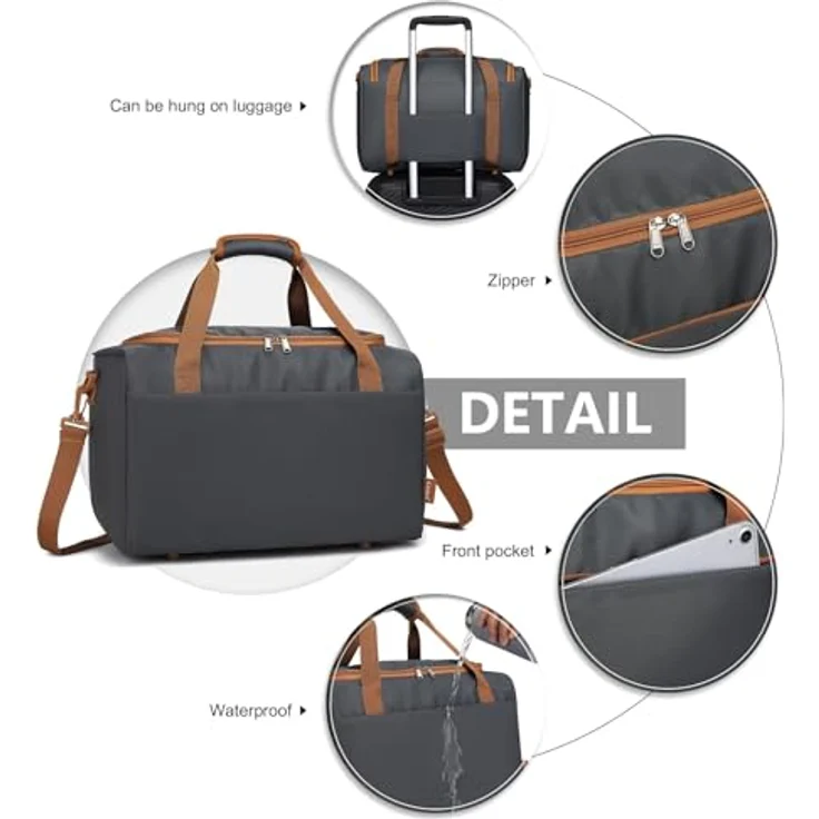 KONO Ryanair Handgepäck Tasche 40x30x20 cm, Reisetasche aus strapazierfähigem Oxford-Gewebe, Grau/Braun mit Schultergurt und multifunktionaler Aufteilung – Bild 3