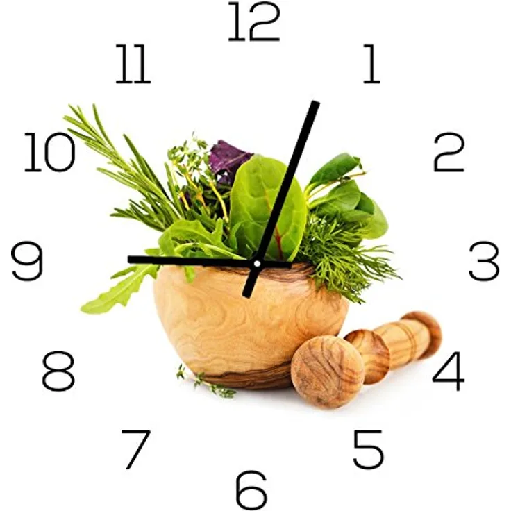 levandeo Wanduhr aus Glas 30x30cm Uhr als Glasbild Küche Kräuter Gewürze Kochen Deko