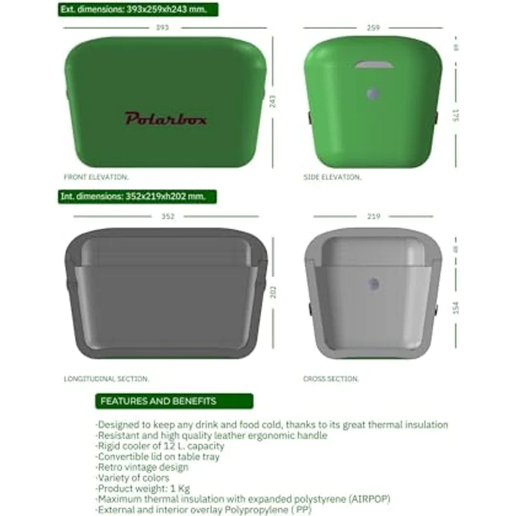 Polarbox Kühlbox, 12 l mit braunem Naturledergriff und Retro-Look, max. Isolation durch Polypropylen und Polystyrol – Bild 3