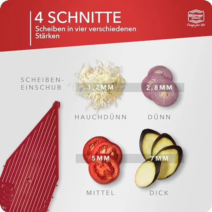 Börner Gemüsehobel V5 PowerLine Basis Set, Kunststoff, nur zum Schneiden von Scheiben rot – Bild 3