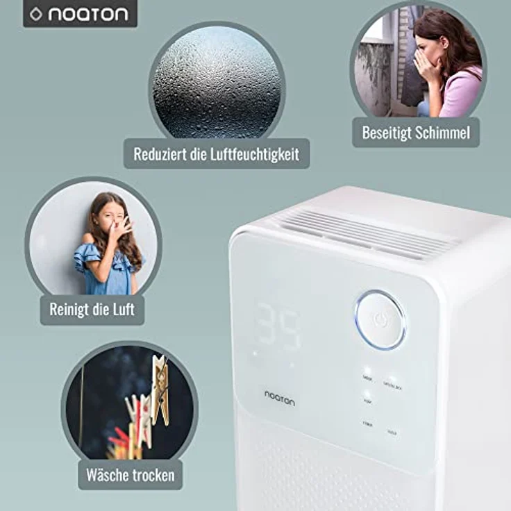 Noaton Luftentfeuchter und Luftreiniger DF 4114 + 2x Kohlefilter C2, max. 13,5 L/Tag, für Räume bis 25m²/63 m3, max 180W, Ablaufschlauch, Wäschetrocknung, Gegen Feuchtigkeit, Schimmel, in Weiß – Bild 4