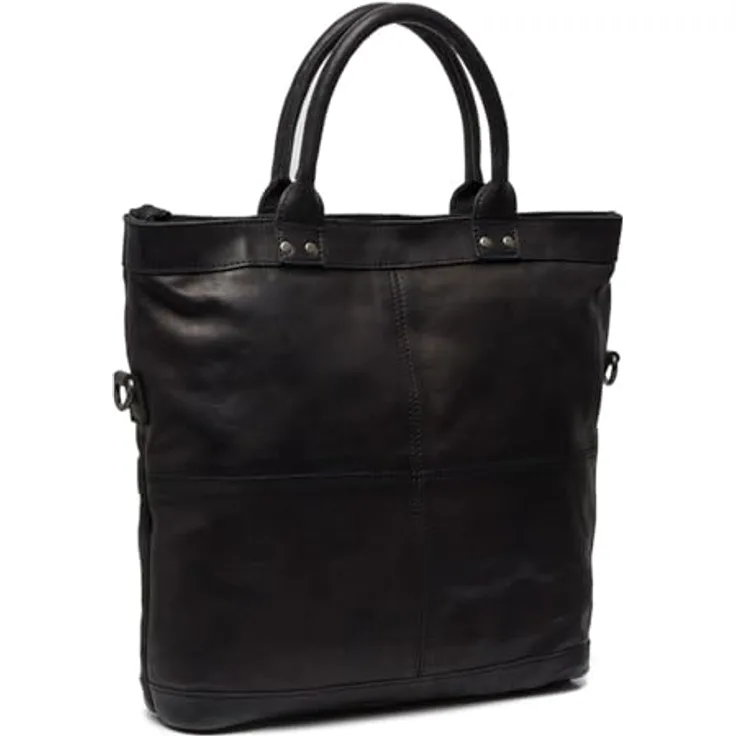 The Chesterfield Brand Shopper, klassischer Einkaufstasche aus 100% Rindsleder, Schwarz, 34x36x9 cm, mit abnehmbarem Schulterriemen und Zipperfächern