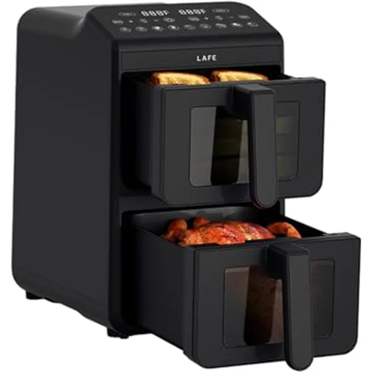 Lafe Dual Fry 10 l, Ölfreie Heißluftfritteuse mit zwei Kammern, 2460 W, LCD-Display, Temperatur 40–200 °C, Timer 60 min, Sichtfenster, gesundes Garen