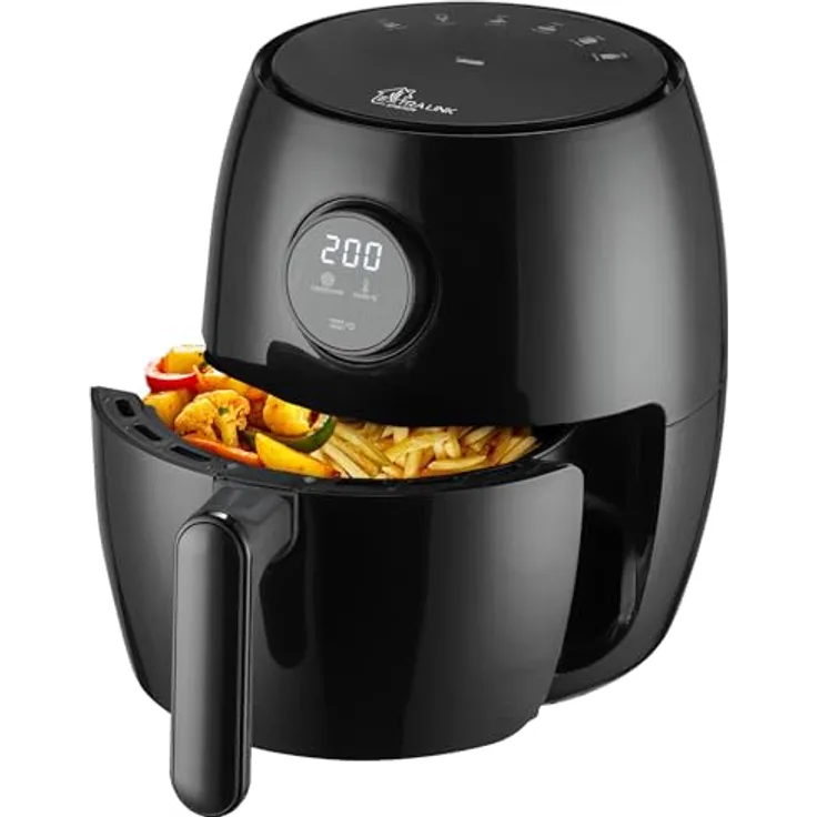 EXTRALINK Extralink 1000W Airfryer 2L - Heißluftfritteuse mit Antihaftbeschichtung, LED-Touchscreen, Energiesparend, 90% Weniger Fett - Schwarz