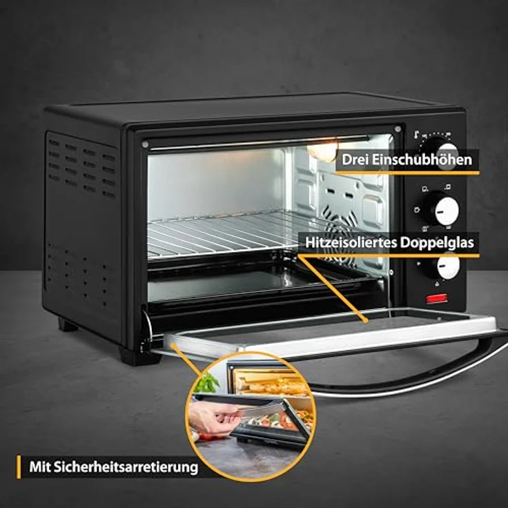 TZS First Austria 20 Liter Minibackofen mit 1380 Watt schwarz | Unter-Oberhitze bis 230 Grad stufenlose Temperaturregelung | 60 Minuten Timer | Doppelglastür | Mini Ofen | Krümelblech – Bild 5
