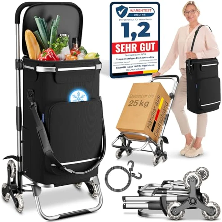 maxVitalis Einkaufstrolley Treppensteiger mit Kühlfach, Einkaufsroller klappbar, Shopping Trolley höhenverstellbar, Reflektoren, abnehmbare Tasche, 43 L, Hackenporsche (Treppensteiger-Trolley) – Bild 1