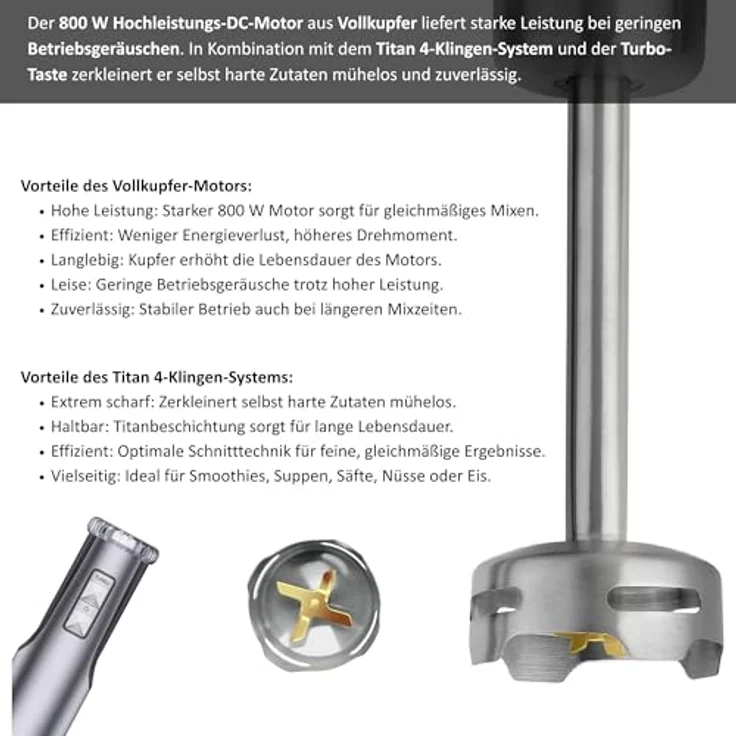 KB ELEMENTS Stabmixer 800 Watt, Elektrischer Stabmixer mit Voll Kupfer Motor, 8 stufenlosen Geschwindigkeiten, Titan Klingen, Edelstahlgehäuse – Bild 4