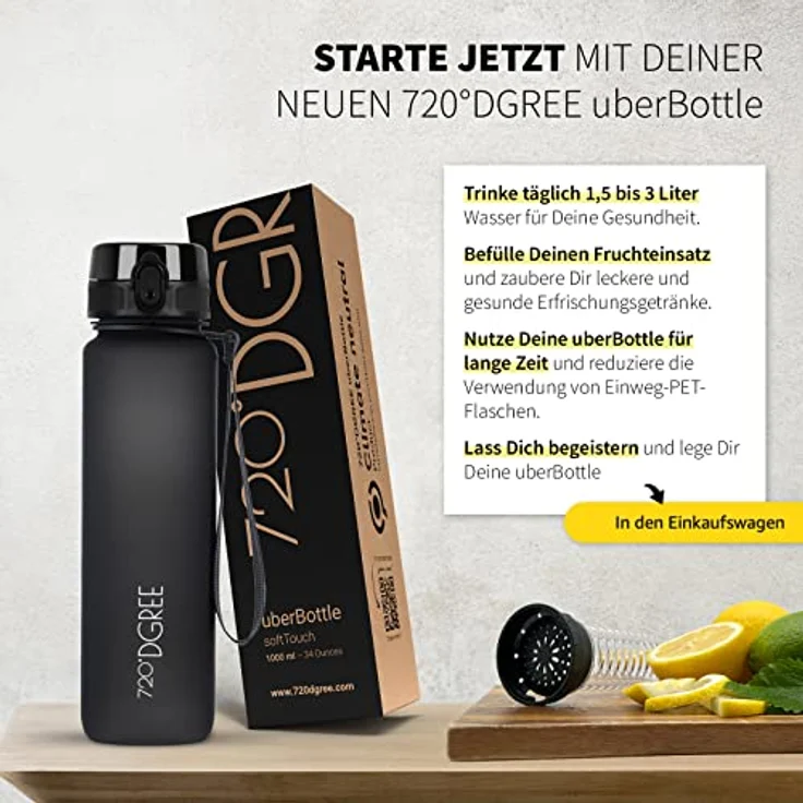 Trinkflasche Wasserflasche Fruchteinsatz 0,65L - BPA-Frei uberBottle 720 DGREE onyx black – Bild 5
