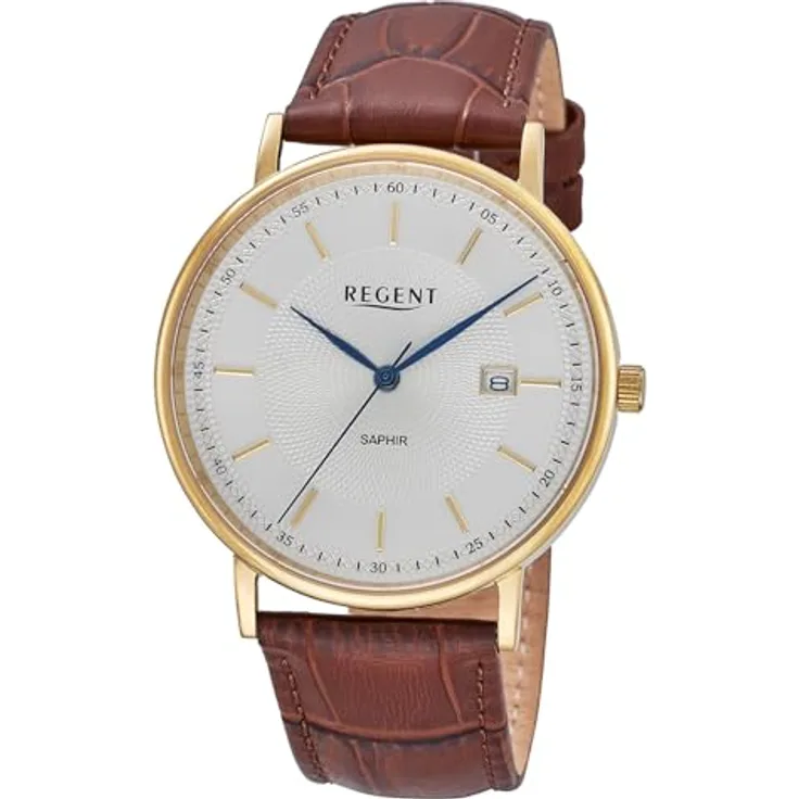 REGENT F-1592, Herrenuhr goldfarben mit Saphirglas, Lederarmband in Braun, Quarzwerk, kratzfest