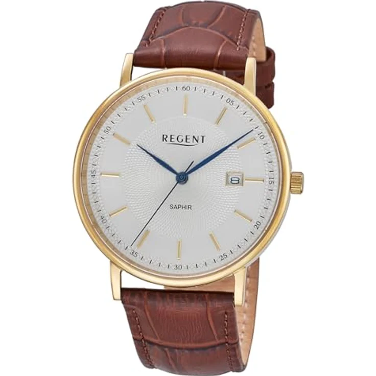 REGENT F-1592, Herrenuhr goldfarben mit Saphirglas, Lederarmband in Braun, Quarzwerk, kratzfest