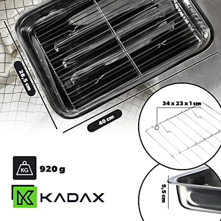 KADAX Bräter mit Grillrost, 40 x 28,5 cm, rechteckige Ofenform aus Edelstahl zum Braten von Fleisch, Geflügel, Fisch & Gemüse – Bild 2