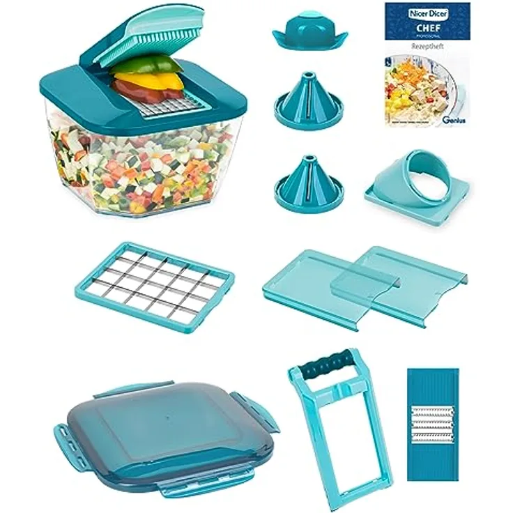 Nicer Dicer Chef Professional Gemüseschneider manuell 15-tlg, Gemüsehobel mit 5.2 L Behälter Deckel, Zerkleiner Küchenhelfer für Würfel Stifte Scheiben Streifen Juliettis, einfache Reinigung