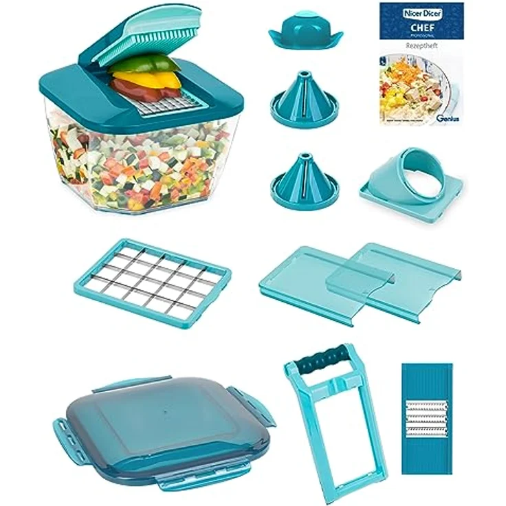 Nicer Dicer Chef Professional Gemüseschneider manuell 15-tlg, Gemüsehobel mit 5.2 L Behälter Deckel, Zerkleiner Küchenhelfer für Würfel Stifte Scheiben Streifen Juliettis, einfache Reinigung – Bild 1
