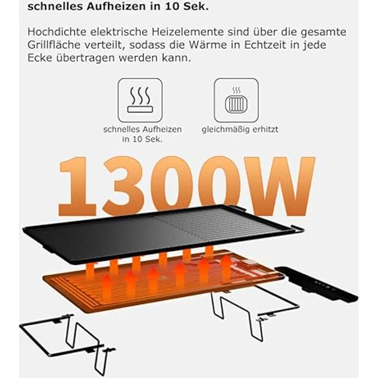 Phönix Germany Tischgrill Elektrogrill, 1300W, Antihaftbeschichtete Grillplatte, Abnehmbares Kabel, Schwarz – Bild 3