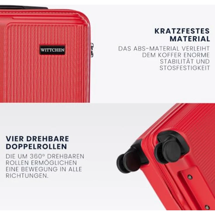 WITTCHEN Stripes Line Kofferset 4-teilig mit Kosmetiktasche, Hartschalenkoffer ABS, 4 Doppelrollen, Teleskopgriff, Zahlenschloss, Rot – Bild 3